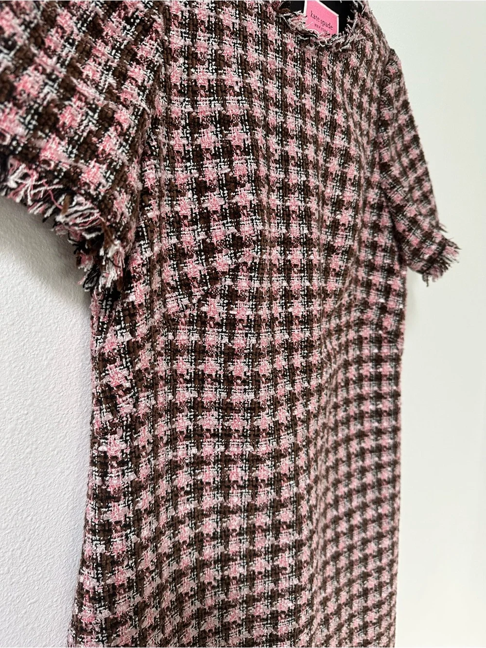 Kate Spade Tweed Houndstooth Shift Dress Fringe Back Zip Size 2 Office Cocktail